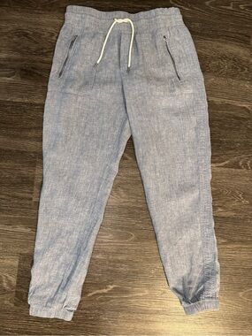 Athleta Cabo Linen Jogger Pants Light Blue 100% Linen Drawstring Zip Pocket
